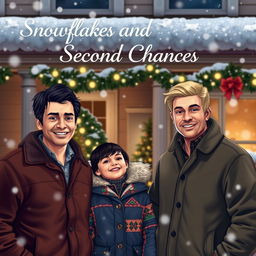 A festive scene featuring two men standing together outside a cozy house beautifully decorated for Christmas