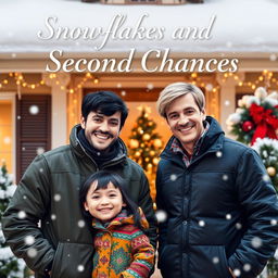 A festive scene featuring two men standing together outside a cozy house beautifully decorated for Christmas