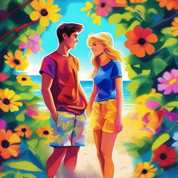 A vibrant, high-quality digital art image that portrays a teen couple enjoying their summer