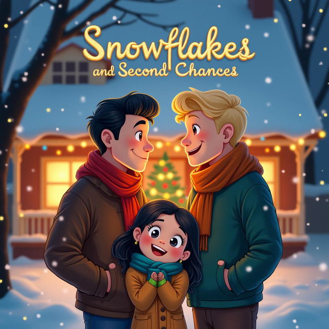 A heartwarming scene featuring two men, one with dark hair and the other with bright blond hair, standing outside a charming house beautifully decorated for Christmas