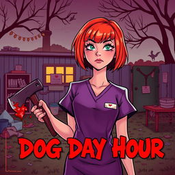 A cartoon-style horror slasher film poster titled "Dog Day Hour" featuring a beautiful young woman with short orange-red hair and bangs, wearing scrubs