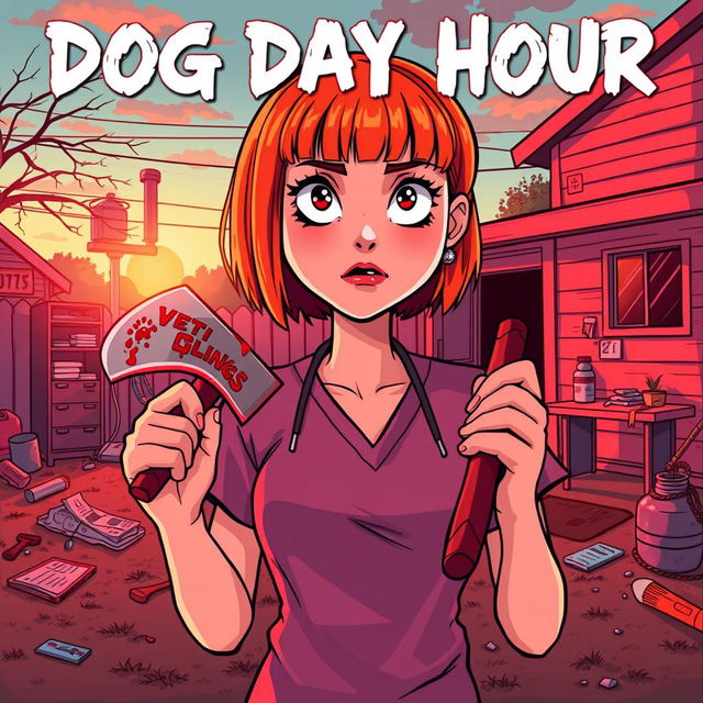 A cartoon-style horror slasher film poster titled "Dog Day Hour" featuring a beautiful young woman with short orange-red hair and bangs, wearing scrubs