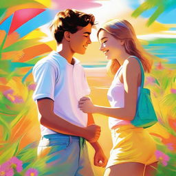 A high-quality digital art image depicting a teen couple enjoying their summer