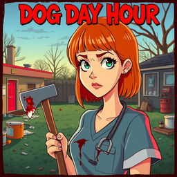 A cartoon-style horror slasher film poster titled "Dog Day Hour" featuring a beautiful young woman with short orange-red hair and bangs, wearing scrubs