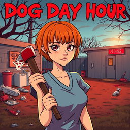 A cartoon-style horror slasher film poster titled "Dog Day Hour" featuring a beautiful young woman with short orange-red hair and bangs, wearing scrubs