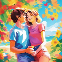 A high-quality digital art image depicting a teen couple enjoying their summer