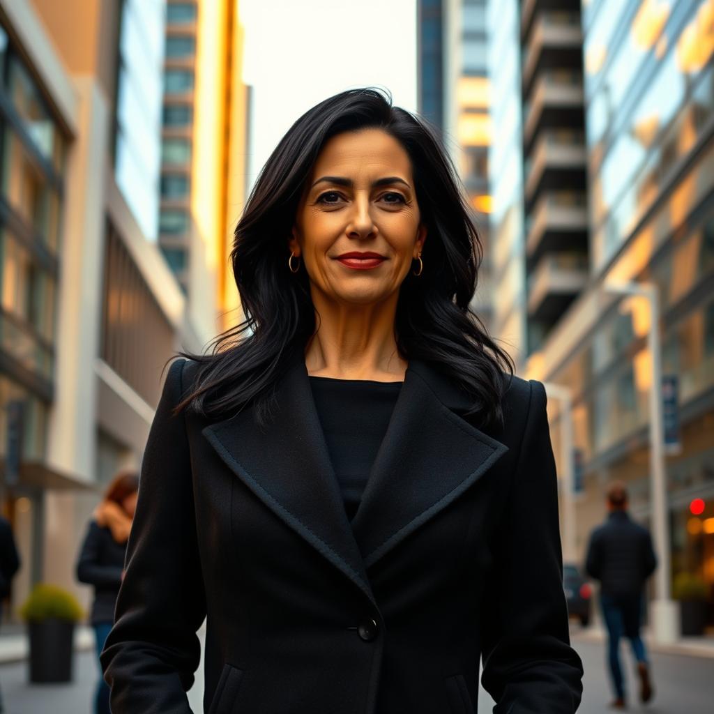 A 45-year-old European woman with black hair, dressed elegantly, standing in full body view against an urban city backdrop