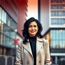 A 45-year-old European woman with black hair, dressed elegantly, standing in full body view against an urban city backdrop