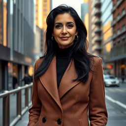 A 45-year-old European woman with black hair, dressed elegantly, standing in full body view against an urban city backdrop
