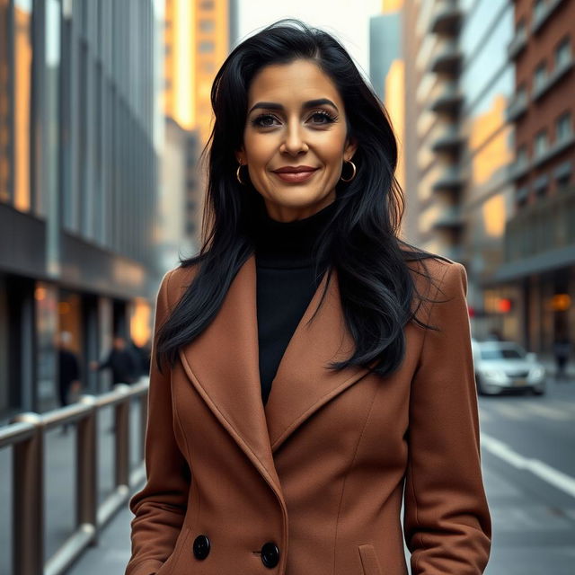 A 45-year-old European woman with black hair, dressed elegantly, standing in full body view against an urban city backdrop