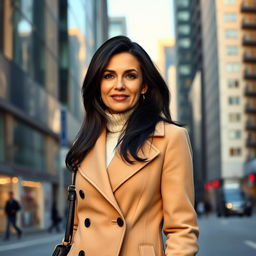 A 45-year-old European woman with black hair, dressed elegantly, standing in full body view against an urban city backdrop