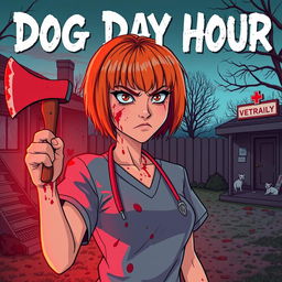 A cartoon-style horror slasher film poster titled "Dog Day Hour" featuring a beautiful young woman with short orange-red hair and bangs, wearing scrubs that are splattered with blood