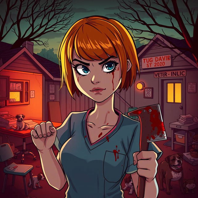 A cartoon-style horror slasher film poster titled "Dog Day Hour" featuring a beautiful young woman with short orange-red hair and bangs, wearing scrubs that are splattered with blood