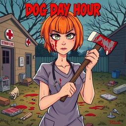 A cartoon-style horror slasher film poster titled "Dog Day Hour" featuring a beautiful young woman with short orange-red hair and bangs, wearing scrubs that are splattered with blood