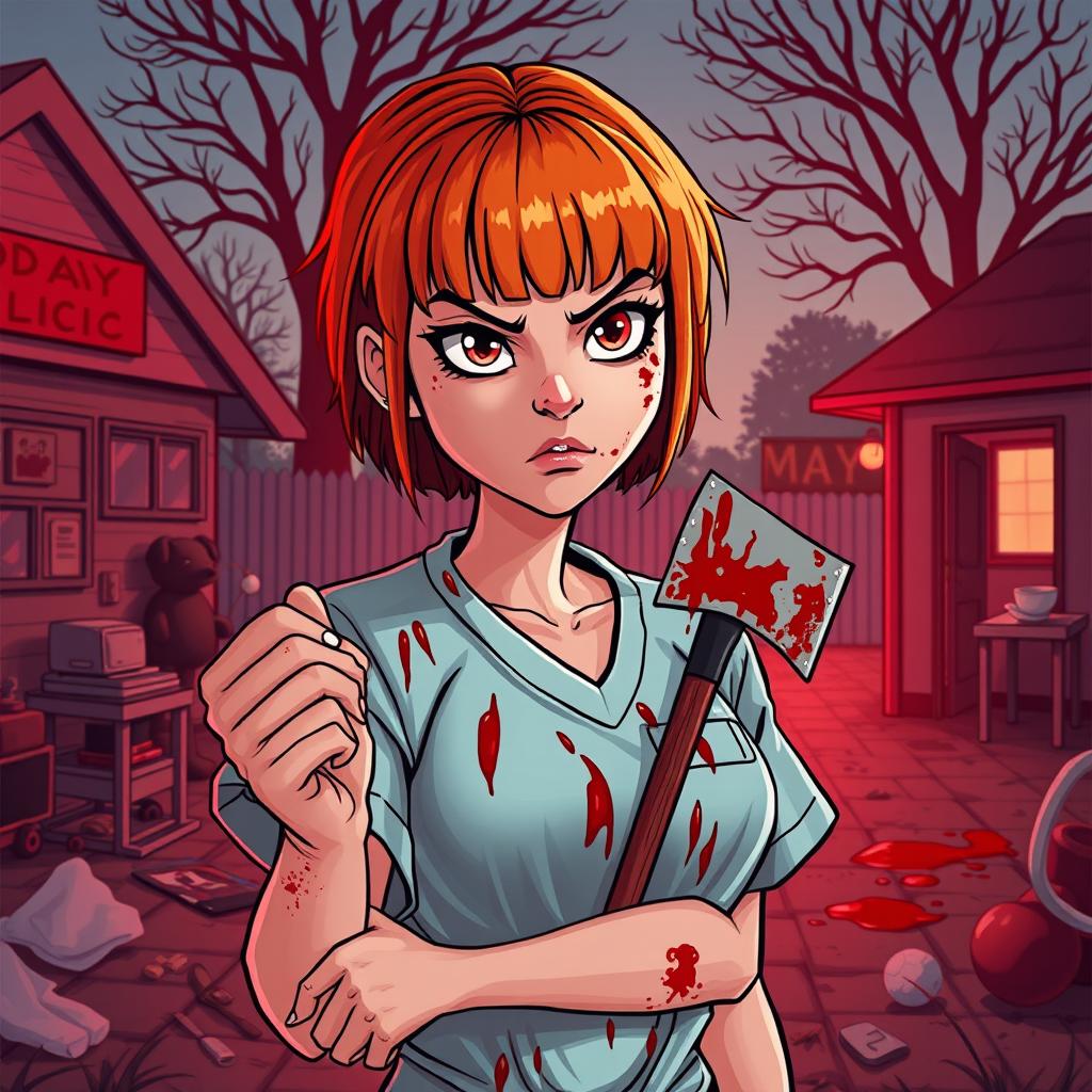 A cartoon-style horror slasher film poster titled "Dog Day Hour" featuring a beautiful young woman with short orange-red hair and bangs, wearing scrubs that are splattered with blood