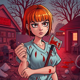 A cartoon-style horror slasher film poster titled "Dog Day Hour" featuring a beautiful young woman with short orange-red hair and bangs, wearing scrubs that are splattered with blood