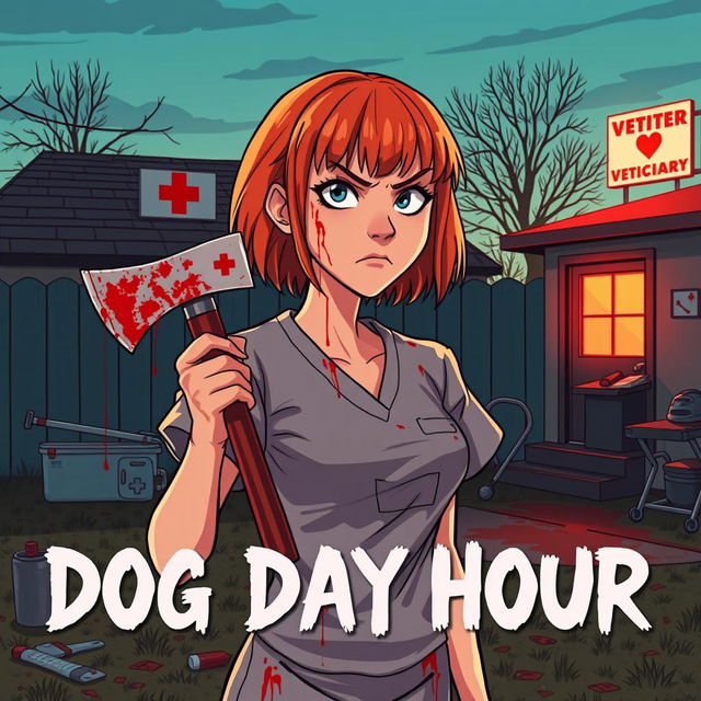 A cartoon-style horror slasher film poster titled "Dog Day Hour" featuring a beautiful young woman with short shoulder-length orange-red hair and bangs, wearing scrubs covered in blood