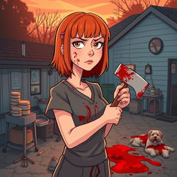A cartoon-style horror slasher film poster titled "Dog Day Hour" featuring a beautiful young woman with short shoulder-length orange-red hair and bangs, wearing scrubs covered in blood