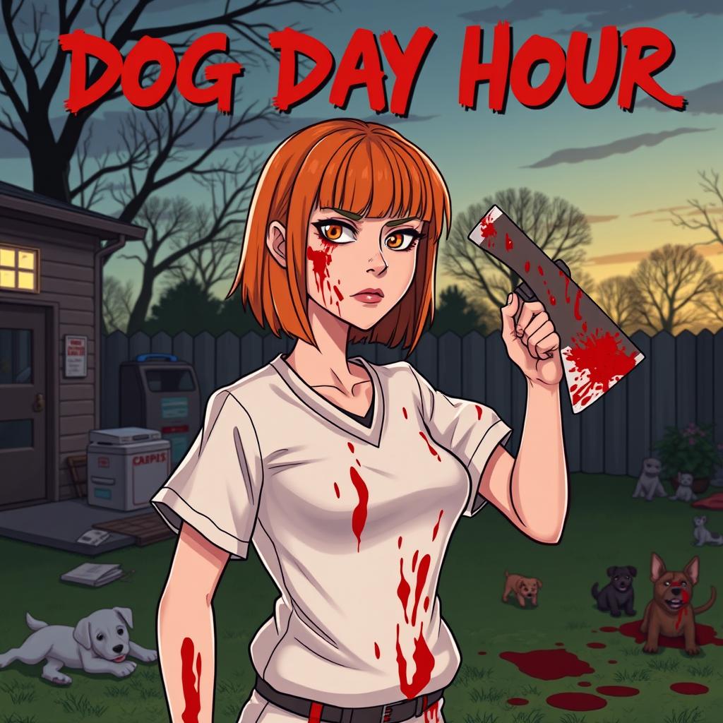 A cartoon-style horror slasher film poster titled "Dog Day Hour" featuring a beautiful young woman with short shoulder-length orange-red hair and bangs, wearing scrubs covered in blood