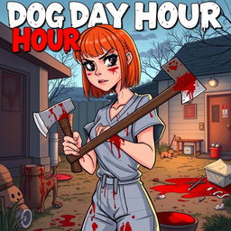 A cartoon-style horror slasher film poster titled "Dog Day Hour" featuring a beautiful young woman with short shoulder-length orange-red hair and bangs, wearing scrubs covered in blood