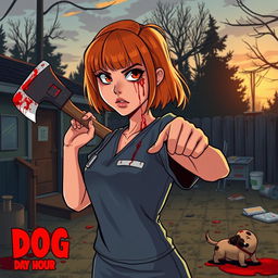 A cartoon-style horror slasher film poster titled "Dog Day Hour" featuring a beautiful young woman with short shoulder-length orange-red hair and bangs, dressed in scrubs that are covered in blood