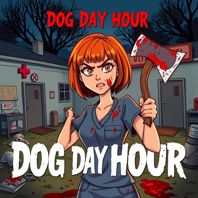 A cartoon-style horror slasher film poster titled "Dog Day Hour" featuring a beautiful young woman with short shoulder-length orange-red hair and bangs, dressed in scrubs that are covered in blood