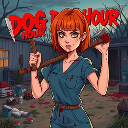 A cartoon-style horror slasher film poster titled "Dog Day Hour" featuring a beautiful young woman with short shoulder-length orange-red hair and bangs, dressed in scrubs that are covered in blood