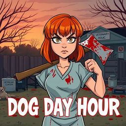 A cartoon-style horror slasher film poster titled "Dog Day Hour" featuring a beautiful young woman with short shoulder-length orange-red hair and bangs, dressed in scrubs that are covered in blood