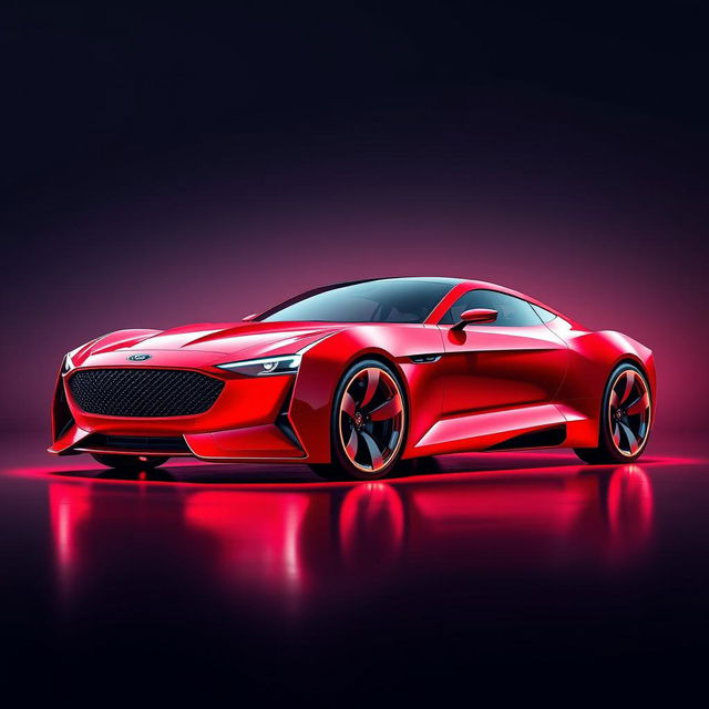 A stunning digital artwork of a futuristic red Ford Thunderbird, envisioned as a supercar from the future