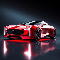 A stunning digital artwork of a futuristic red Ford Thunderbird, envisioned as a supercar from the future