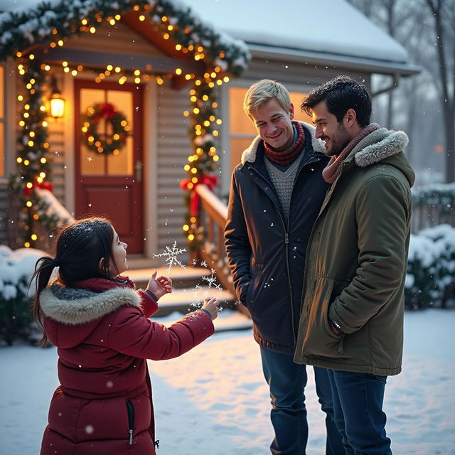 A cozy scene outside a beautifully decorated house for Christmas, showcasing two men standing together