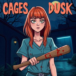 A horror slasher cartoon image titled 'Cages Past Dusk'