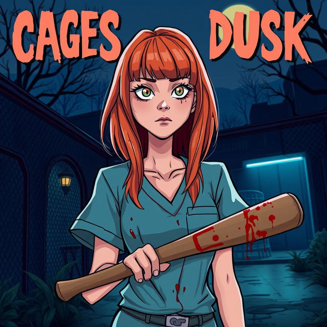 A horror slasher cartoon image titled 'Cages Past Dusk'