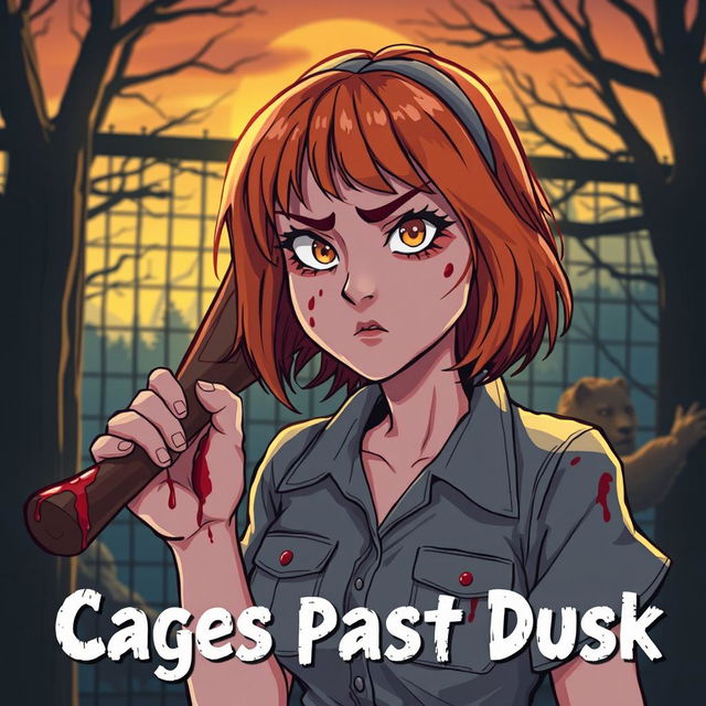 A horror slasher film scene titled "Cages Past Dusk" featuring a young woman with beautiful orange-red medium-length hair with bangs, dressed in zookeeper attire