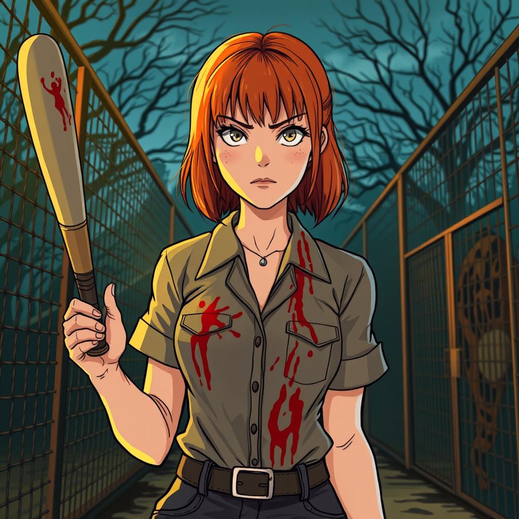 A horror slasher film scene titled "Cages Past Dusk" featuring a young woman with beautiful orange-red medium-length hair with bangs, dressed in zookeeper attire