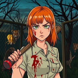 A horror slasher film scene titled "Cages Past Dusk" featuring a young woman with beautiful orange-red medium-length hair with bangs, dressed in zookeeper attire