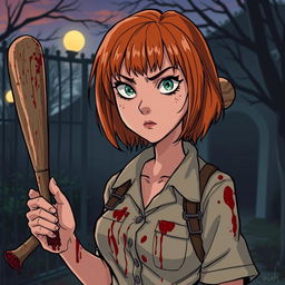 A horror slasher film scene titled "Cages Past Dusk" featuring a young woman with beautiful orange-red medium-length hair with bangs, dressed in zookeeper attire