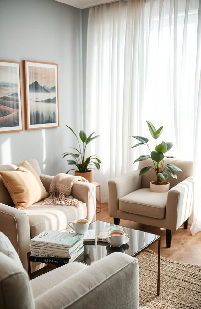 A serene and inviting mental health therapy room, softly lit with natural light filtering through sheer curtains