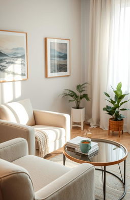 A serene and inviting mental health therapy room, softly lit with natural light filtering through sheer curtains