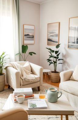 A serene and inviting mental health therapy room, softly lit with natural light filtering through sheer curtains