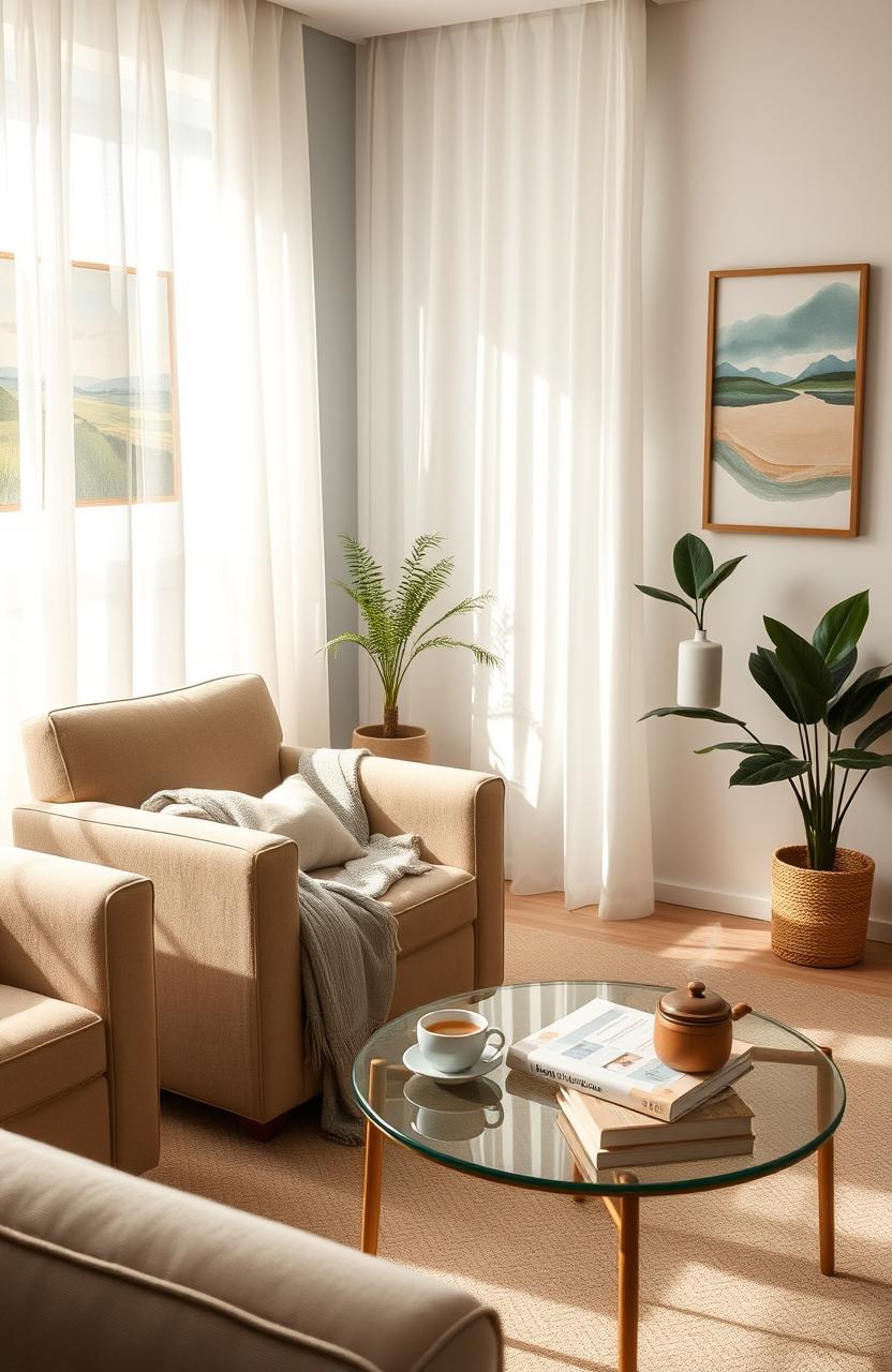 A serene and inviting mental health therapy room, softly lit with natural light filtering through sheer curtains