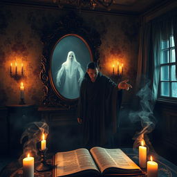 A mysterious scene depicting the summoning of a spirit in an old, dilapidated house