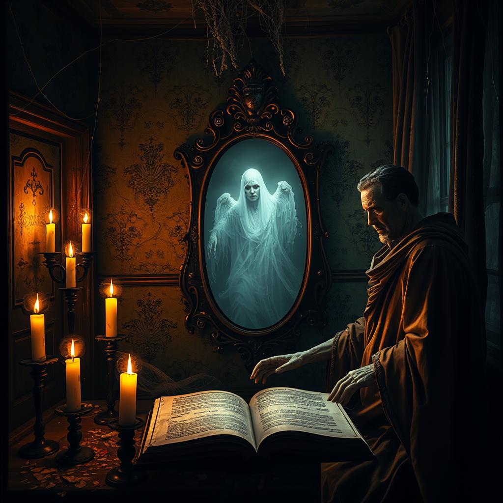 A mysterious scene depicting the summoning of a spirit in an old, dilapidated house