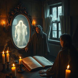 A mysterious scene depicting the summoning of a spirit in an old, dilapidated house