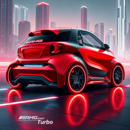 A captivating digital illustration of a futuristic red AMG Smart Turbo, envisioned as a supercar from the future