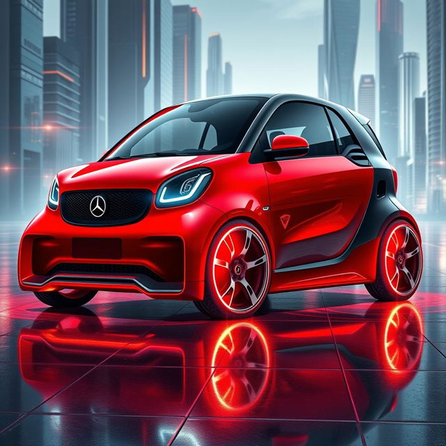 A captivating digital illustration of a futuristic red AMG Smart Turbo, envisioned as a supercar from the future