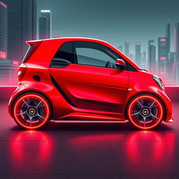 A captivating digital illustration of a futuristic red AMG Smart Turbo, envisioned as a supercar from the future