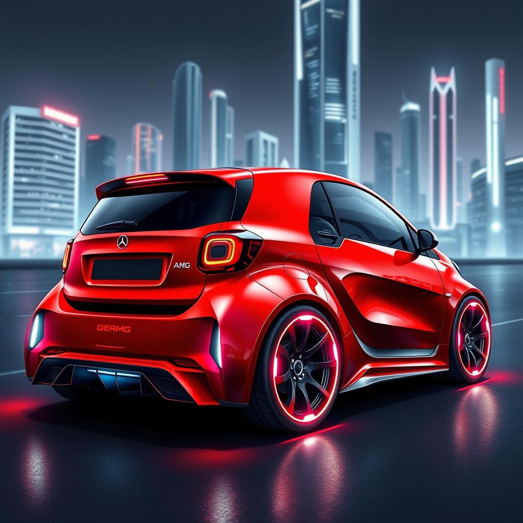 A captivating digital illustration of a futuristic red AMG Smart Turbo, envisioned as a supercar from the future