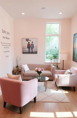 A serene and comforting therapy room designed for relationship counseling, featuring soft pastel colors, warm lighting, and plush seating arrangements