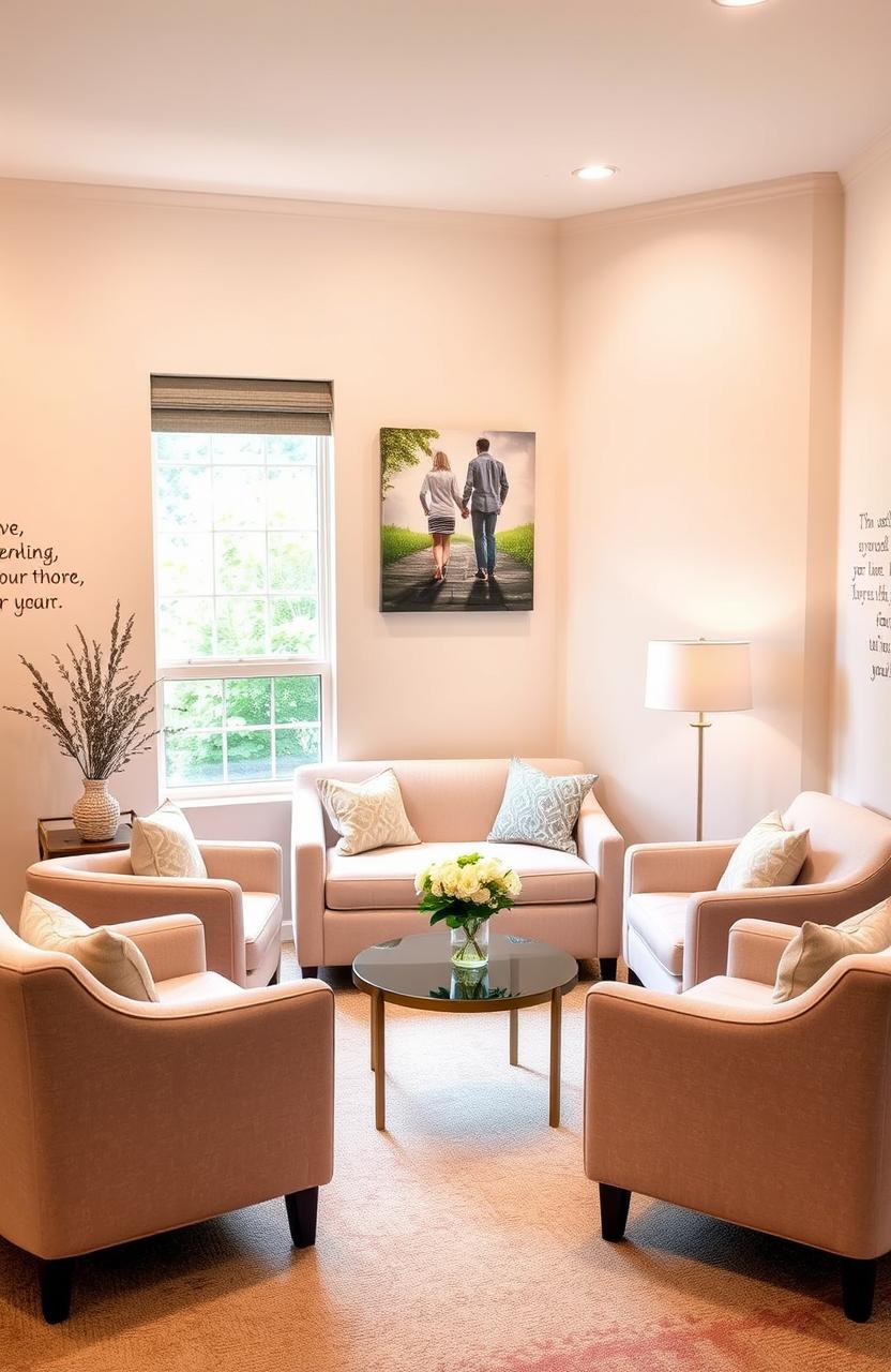 A serene and comforting therapy room designed for relationship counseling, featuring soft pastel colors, warm lighting, and plush seating arrangements